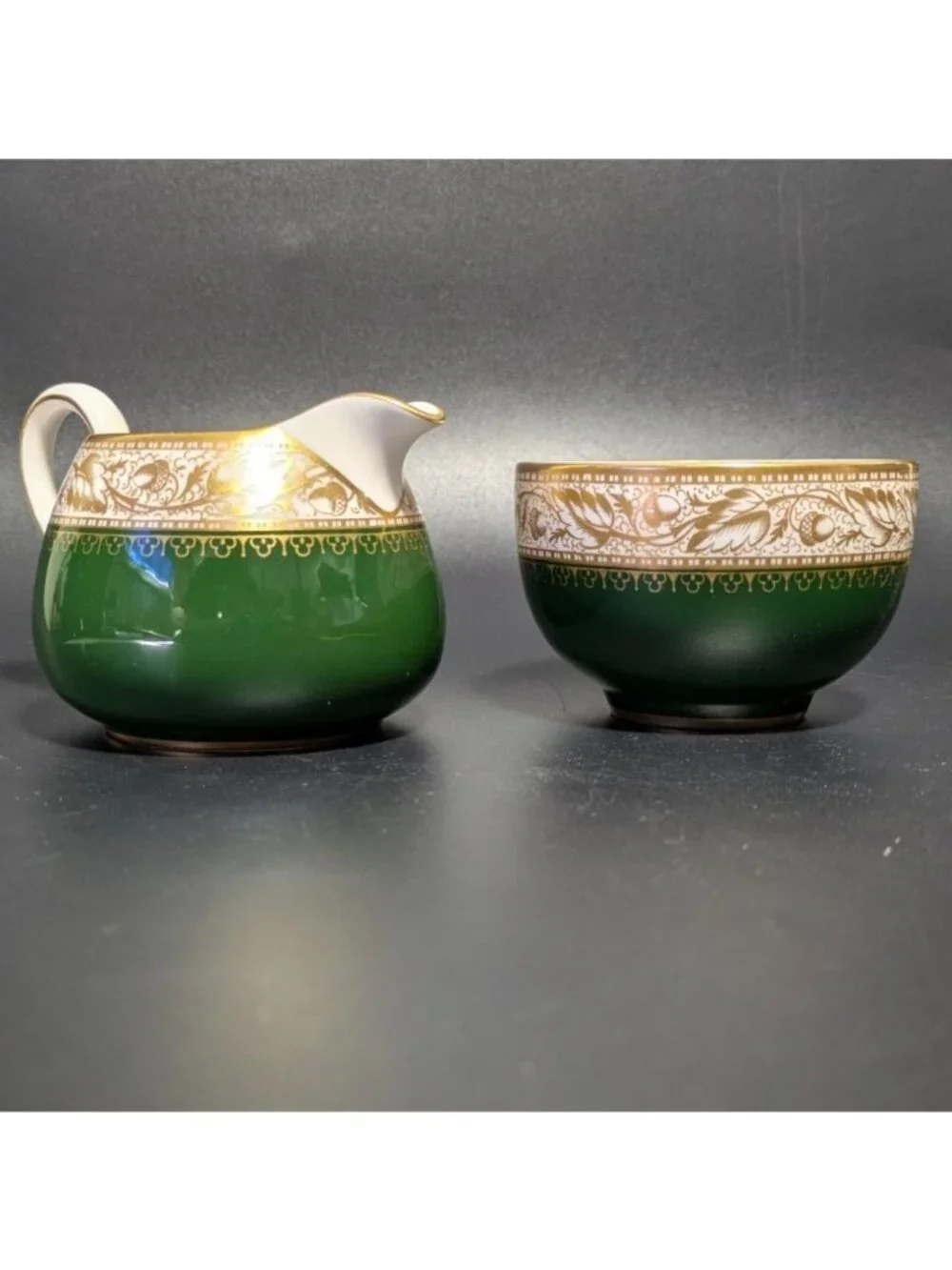 Spode Green Gold Creamer Sugar Bowl Set Fine Bone China Elegant Design